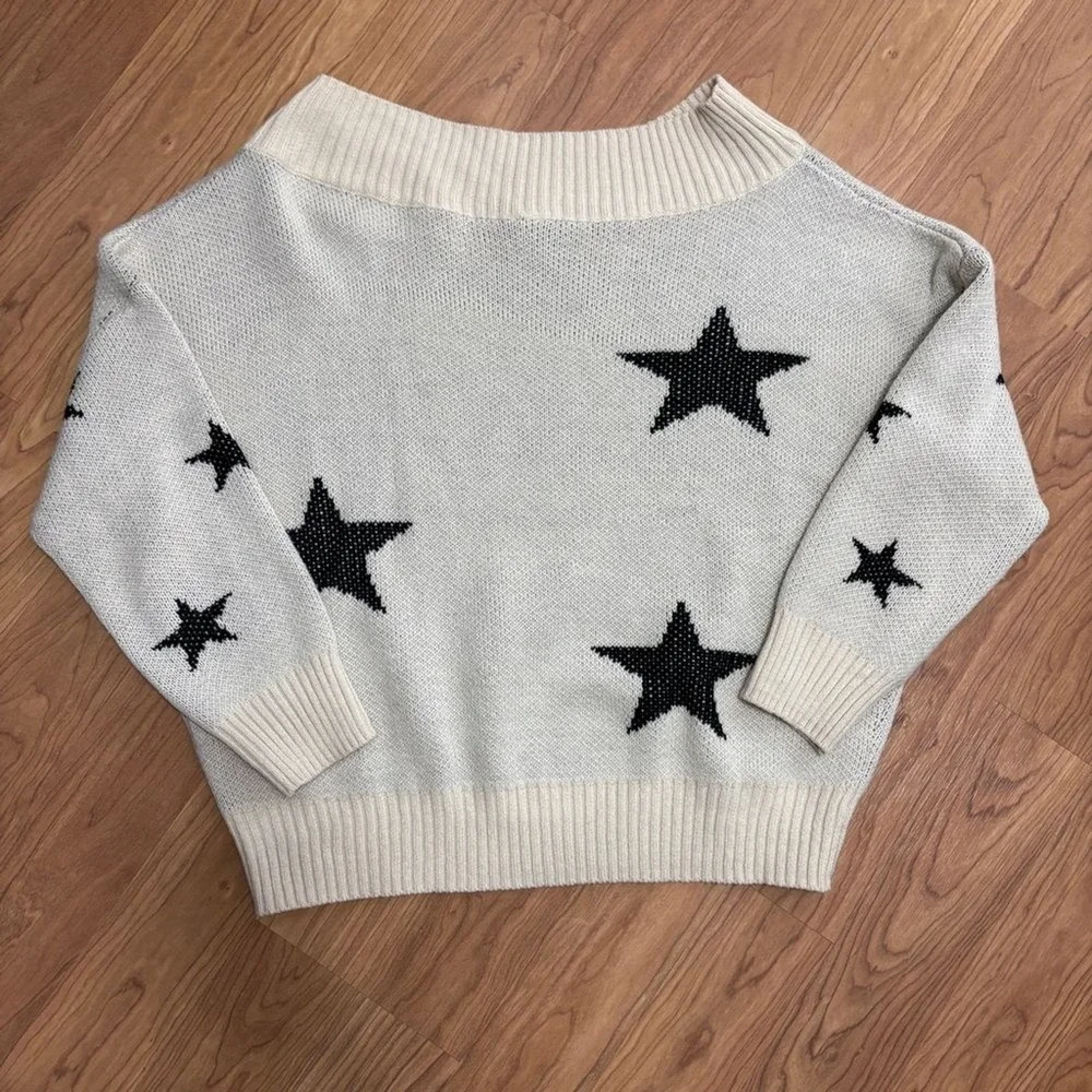 Star Sweater Cream Black‎ Boat Neck Chunky Knit Celestial Casual Cozy XL/2XL